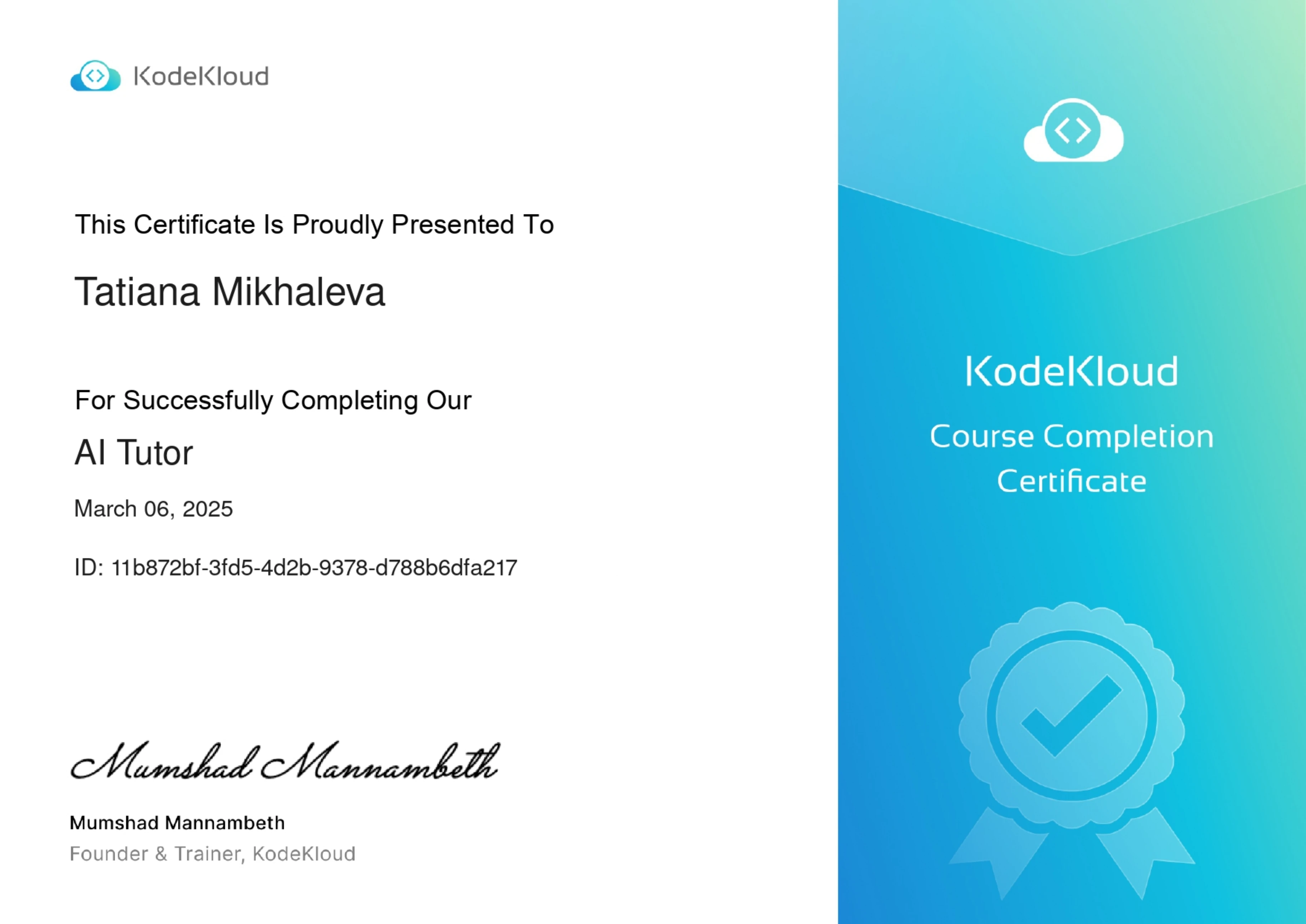 Tatiana Mikhaleva - AI Tutor - Certificate
