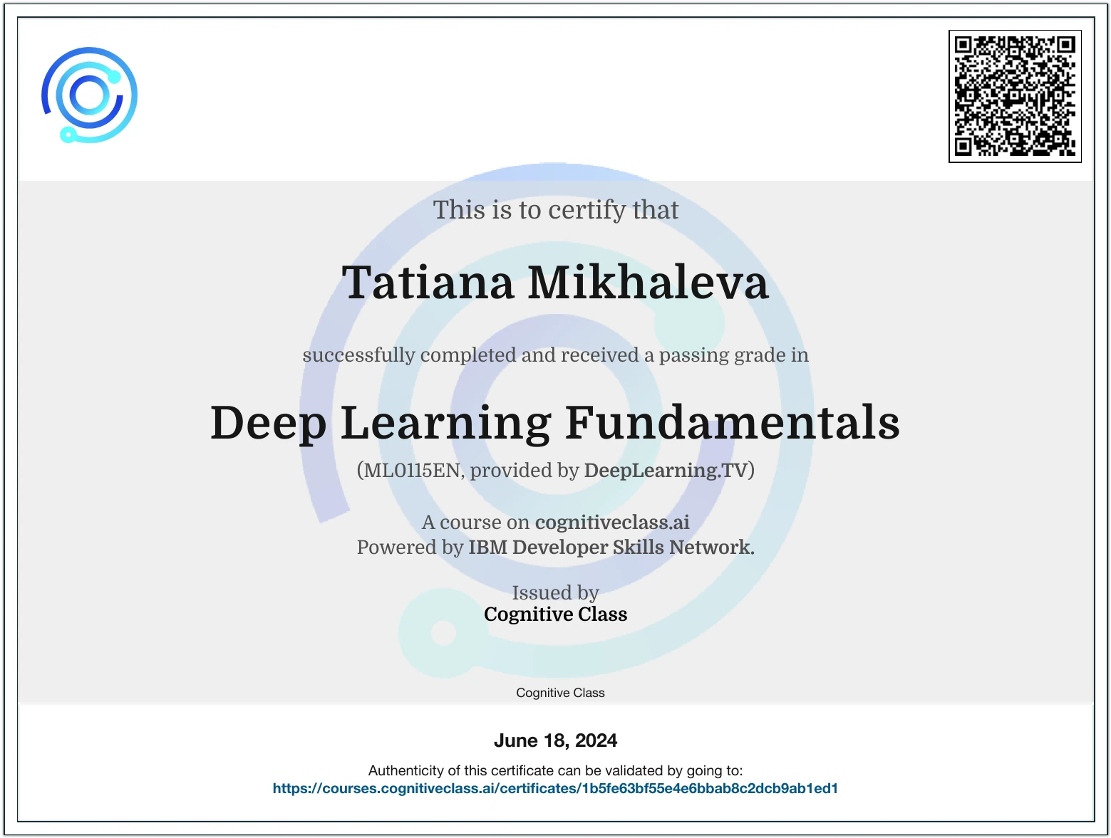 Tatiana Mikhaleva - Deep Learning Fundamentals - Certificate