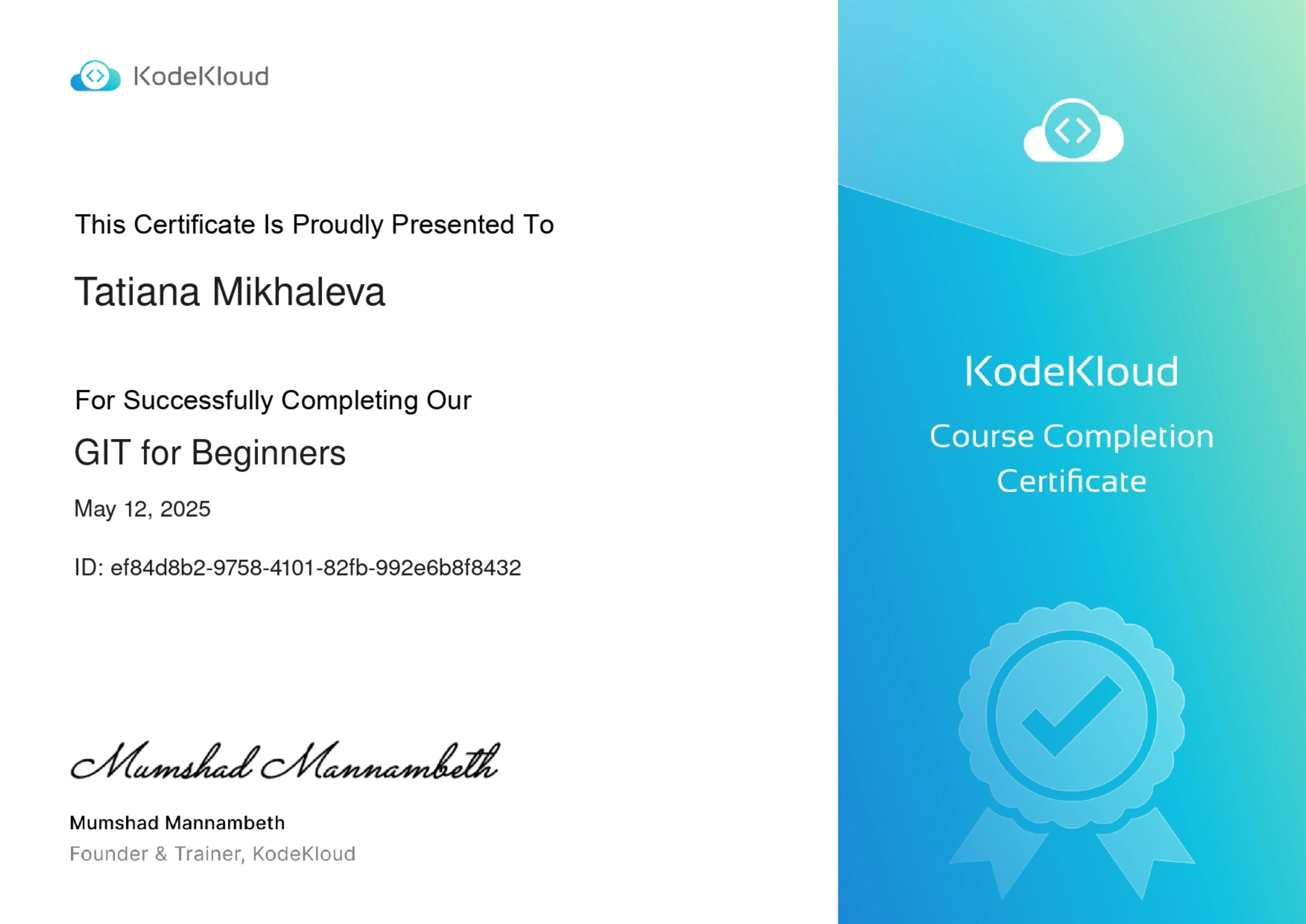 Tatiana Mikhaleva - Git for Beginners - Certificate