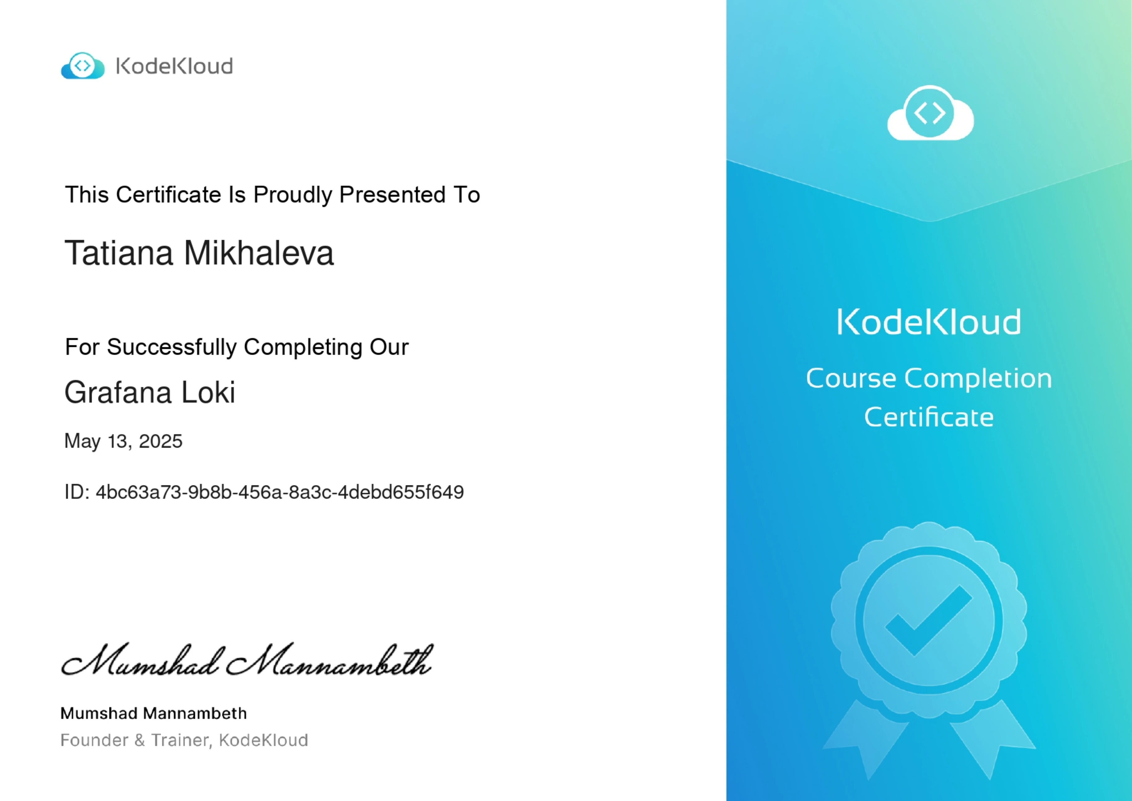 Tatiana Mikhaleva - Grafana Loki - Certificate